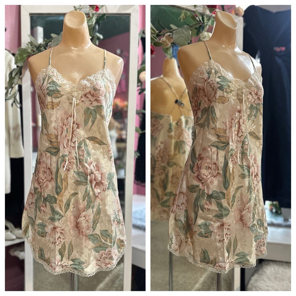 Vintage 90s Floral Print Nightgown Mini Slip Dress Ivory Pink Lace Lingerie S/M